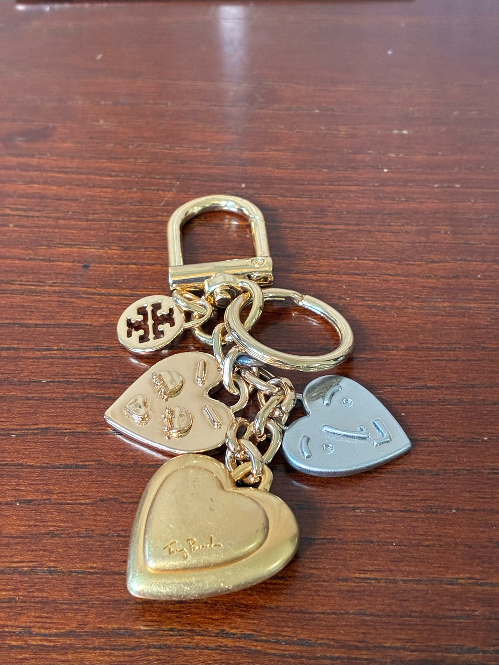Tory Burch Mixed Metal Heart Charm Keyring in Gold and Silver